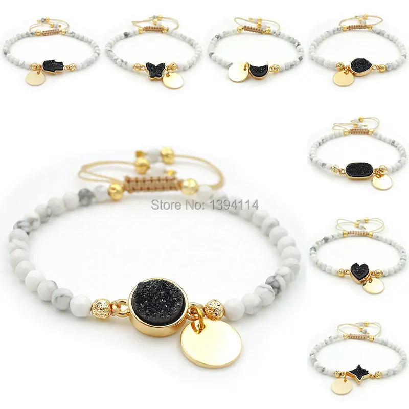 

Titanium Coated Black Crystal Druzy Base Connector Howlite Faceted Beads Hand-Knitted Strand Bracelet