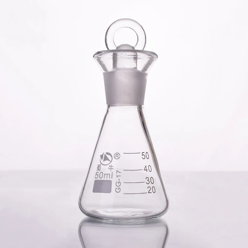 

Lodine flask with ground-in glass stopper 50ml,Erlenmeyer flask with tick mark,Iodine volumetric flask,Triangular flask with lid