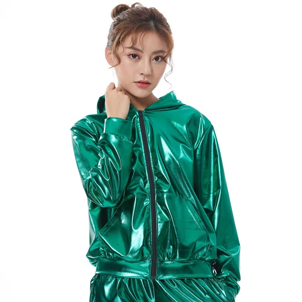 2021 Spring Autumn Kid Audlt Bomber With Pockets Jacket Green Stage Performance Paillette Feminina Casaco Hip Hop Dance Coat