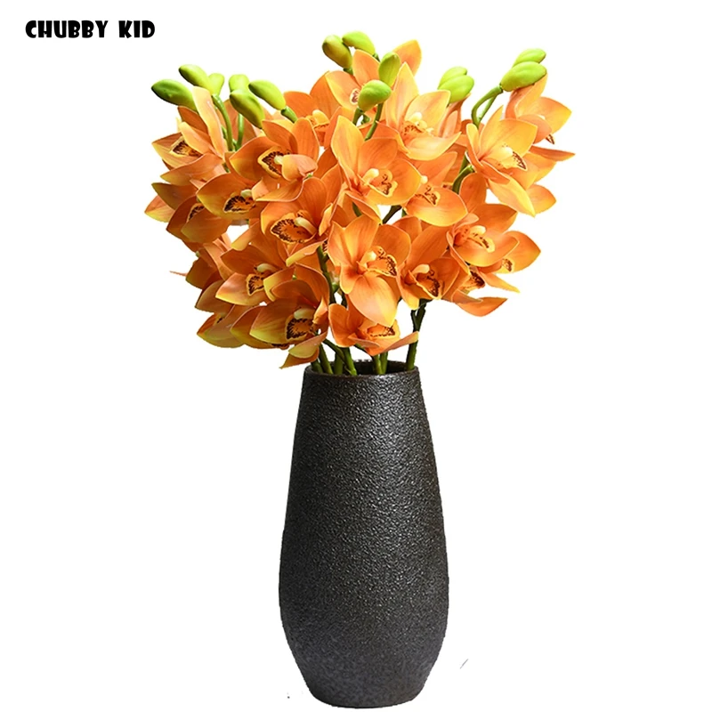 

3D Real touch artificial silicone Faber Cymbidum wholesale hand felt latex flowers Cymbidium wedding decorative orchids 6pcs/lot