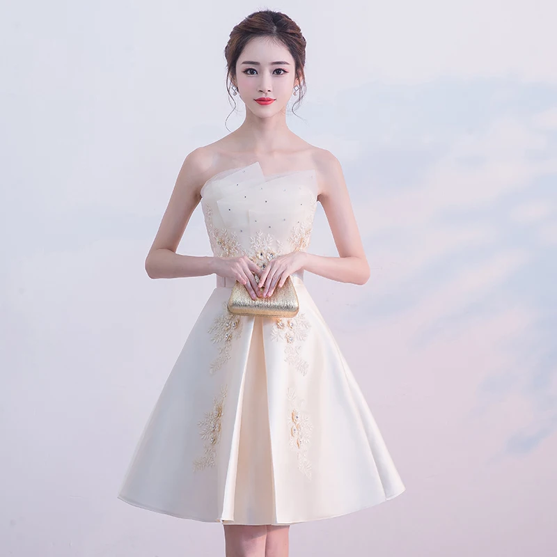 New Satin Women Party Dress Wedding Sexy Strapless Lace-up Elegant Gown Dresses Evening Mesh Appliques Women Formal Dress