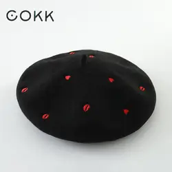 COKK jesienne czapki zimowe dla kobiet Lady wełniany Beret haftowane czerwone serce wargi płaskie czapka czapka malarza kobieta Boina miękkie Gorras Planas