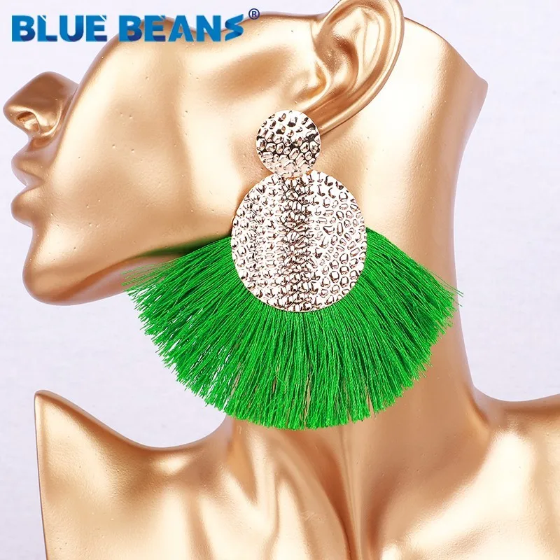 Pendientes con flecos geométricos para mujer, aretes largos de lujo con estilo bohemio, color verde, a la moda, con cara de estrella grande CC,