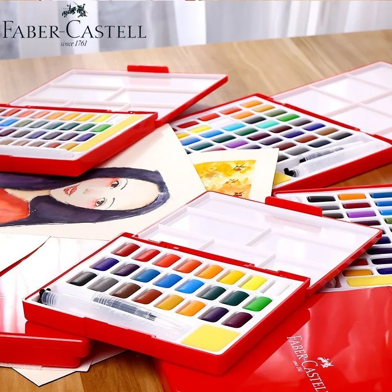 Faber-Castell 24/36/48Colors Solid Water Color Painting Set Box With Paintbrush Bright Color Portable Watercolor Pigment Set