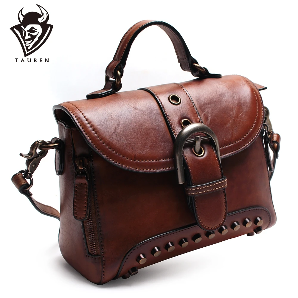 Handmade Genuine Leather New Retro Rivet Handbag Vintage Real Cowhide Shoulder Bag Ladies Messenger