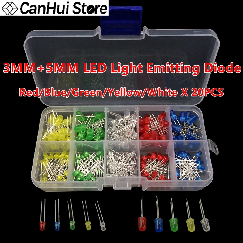 200pcs/box 3mm+5mm 2-3V 20mA Colorful Diodes Universal F3 F5 LED Light Assorted Kit Red Green Blue Yellow White DIY LEDs Diode