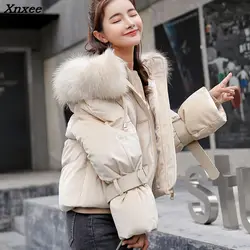 Giacca invernale donna cappotto 2018 collo di pelliccia con cappuccio giacca imbottita in cotone cappuccio corto parka sottile addensare capispalla femminile