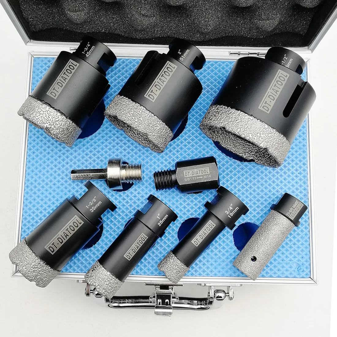 

DT-DIATOOL 9pcs/kit Vacuum Brazed Diamond Drill Hole Saw Sets 5/8-11 Connection Drilling Core Bits plus 20mm Finger bits Adapter