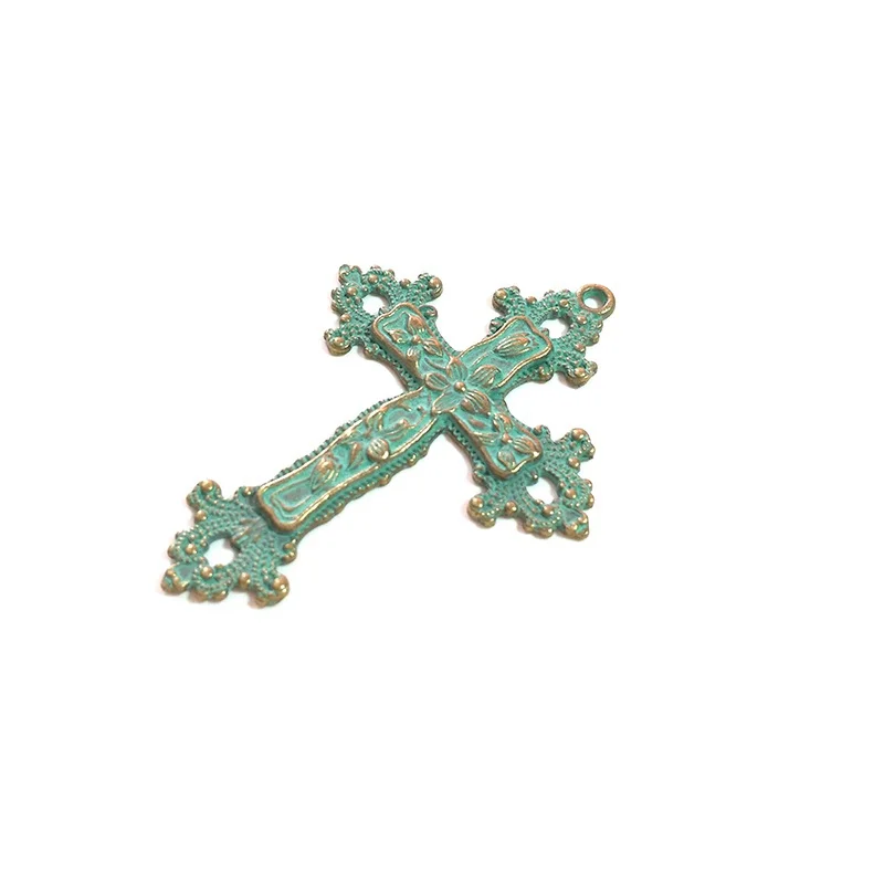 1pcs Patina Plated Zinc Alloy Green Religious Cross Charms 73*53MM Big Pendants For DIY Punk Necklace Accessories