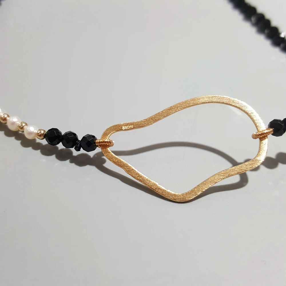 LiiJi Natural Black Spinel Freshwater Pearl 925 Sterling Silver Gold color Geometric Circle Long Necklace 65cm Delicate Jewelry