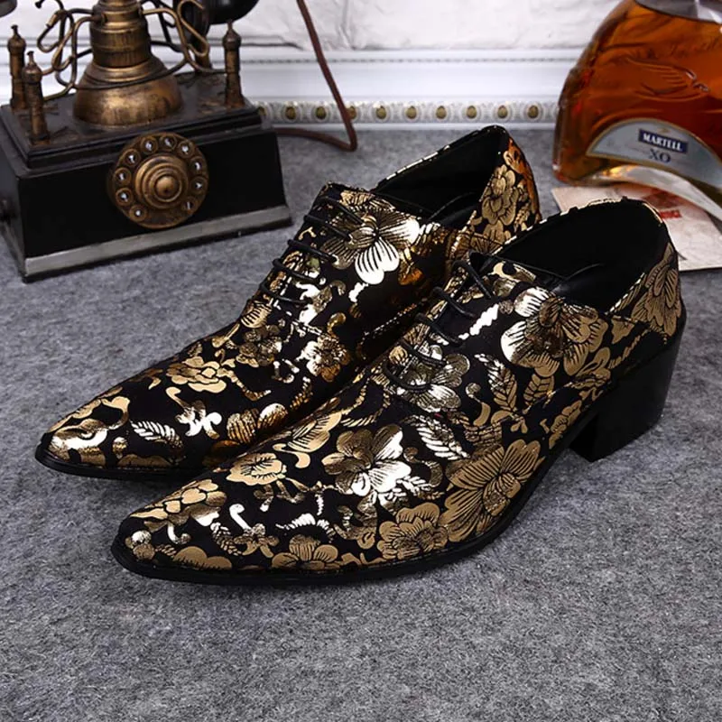 New High-end Gold printing Flowers Men Shoes Luxury Fashion Pointed Toe Men Lace-up High Heels Genuine Leather Party Dress Shoes