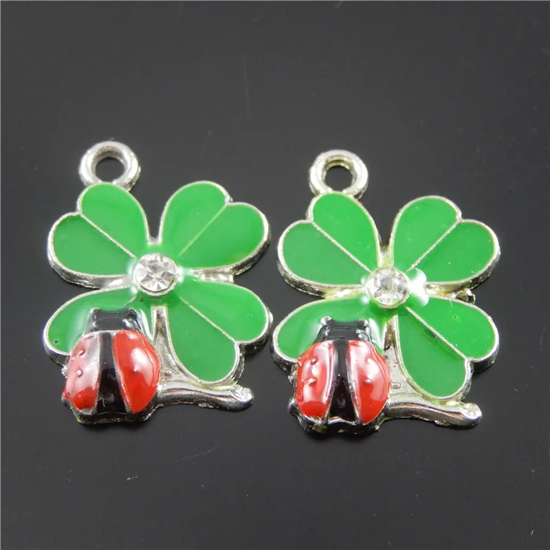 10PCS Lovely Clover Ladybug Enamel Alloy Pendant Charms Bracelet Earrings Jewelry Making Finding 18*16*3mm AU37058