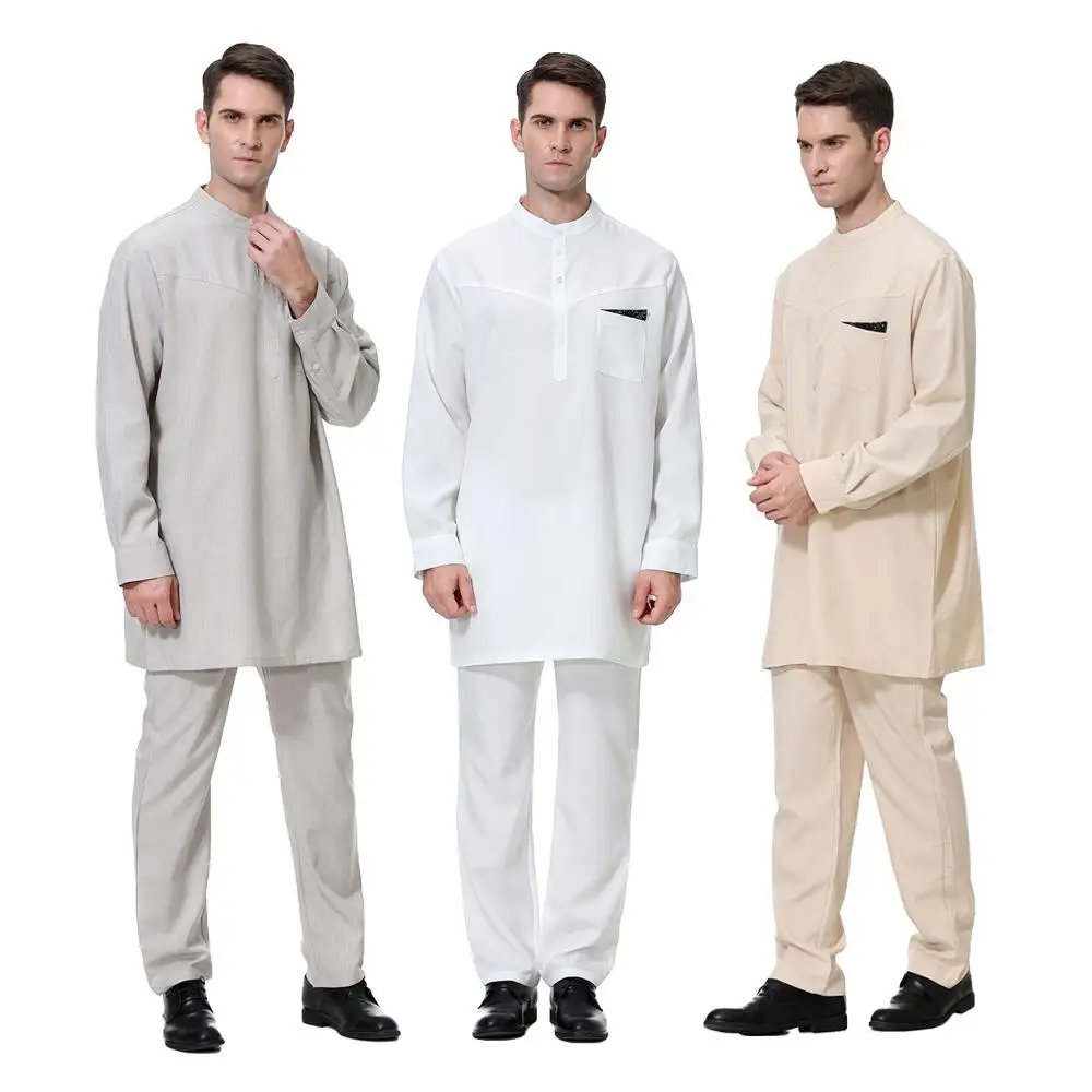 Men's Muslim Men Gown Middle East 2PCS Tops+Pants Casual Abaya Kaftan Outfits Islamic Clothing Men Saudi Arabia Qatar Kurta New