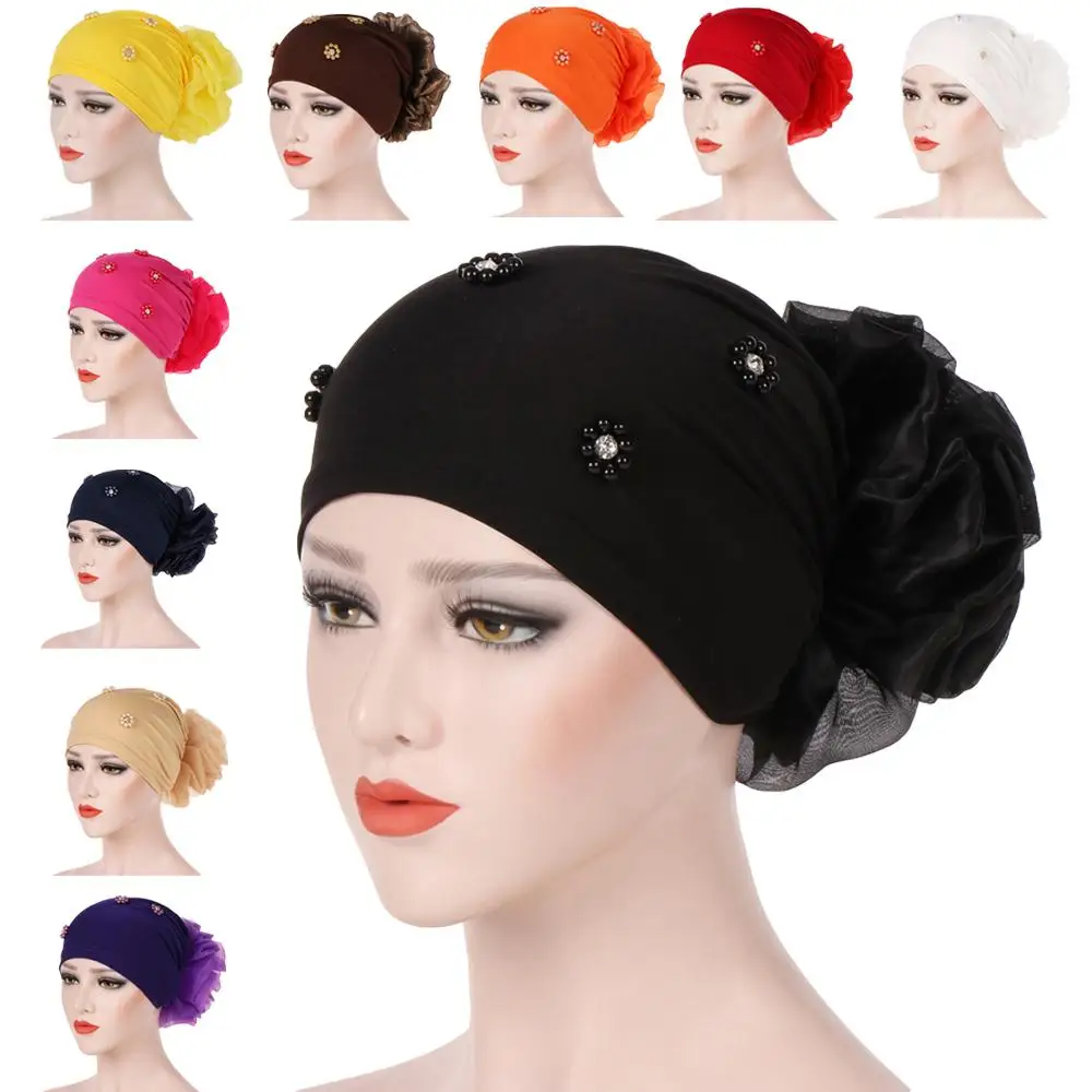 New Women Hair Loss Cap Beanie Skullies Flower Pearls Muslim Cancer Chemo Cap Islamic Indian Hat Cover Head Scarf Fashion Bonnet