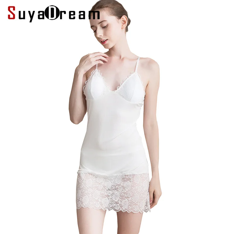 SuyaDream Full Slips 100%Rea Silk and Lace Slips For Women Sexy Under Wear 2022 White Black Beige Healthy Comfortable Slip Dress