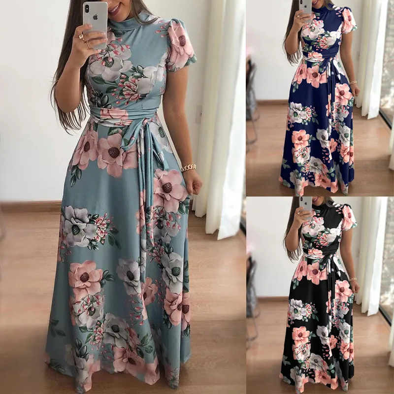 Frauen Sommer Kleid 2019 Casual Kurzarm Langes Kleid Boho Floral Print Maxi Kleid Rollkragen Bandage Elegante Kleider Vestido