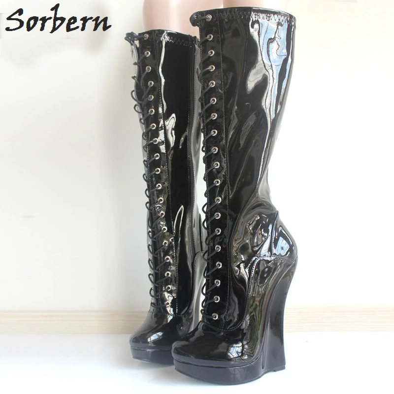 

Sorbern Woman Boots Lace Up 18CM Wedges Heels Shoes With Strange Heel 3CM Platform Sexy Fetish Knee High Long Boots For Woman