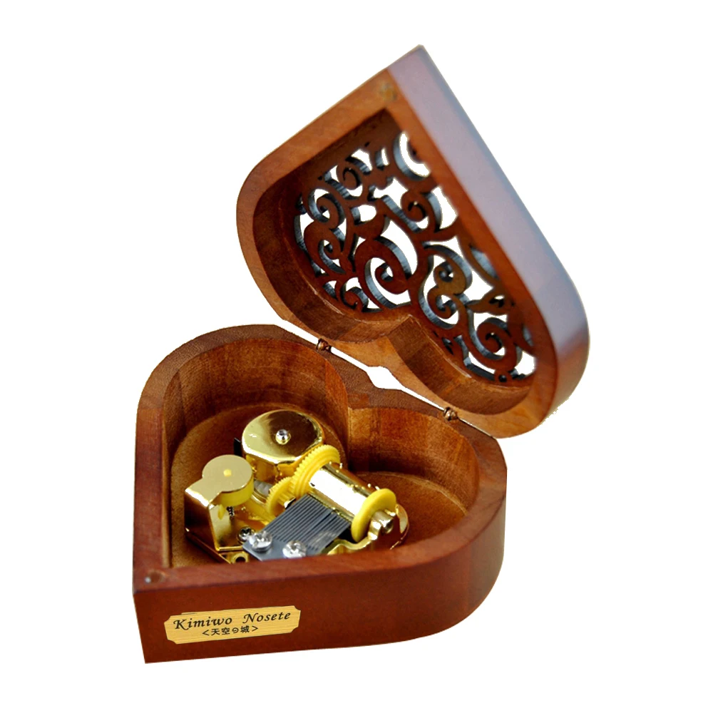 Creative Hollow Cover 18-Note Gold Movement Wind-up Wooden Musical Box with Gift Box,Heart Mini Size Musical Gifts for Woman