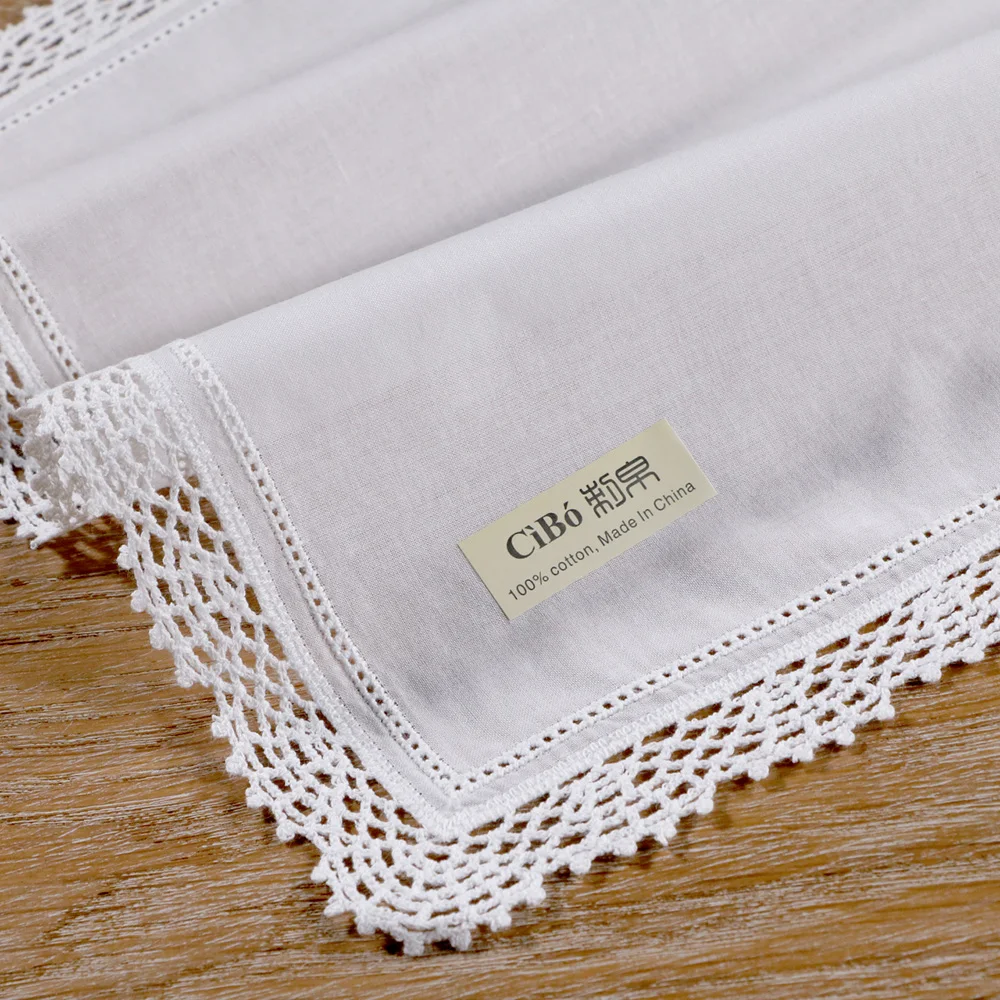 C006: White premium cotton lace handkerchiefs crochet hankies for women/ladies wedding handkerchief