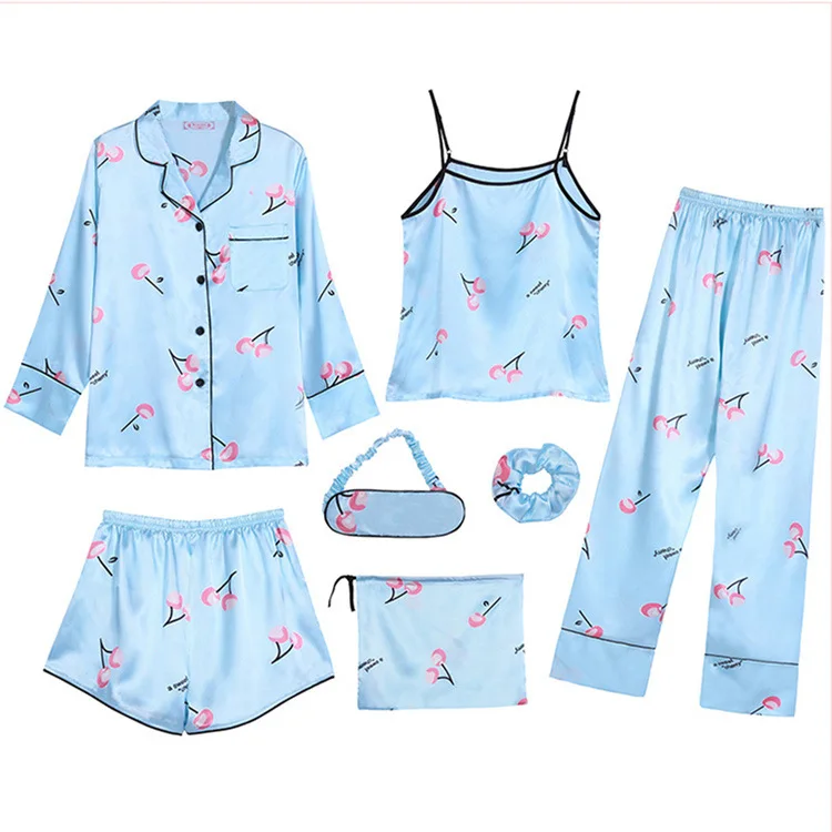 Cherry Print Women Pajamas Nightdress+Shorts+Long Sleeve Pajama Set Female Summer Sleepwear Home Wear