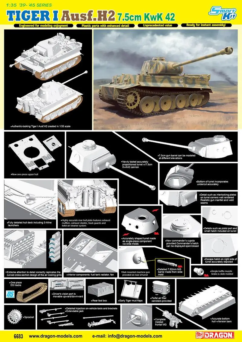 

Dragon 6683 1/35 TIGER I Ausf.H2 7.5cm KwK 42 Plastic Model kit