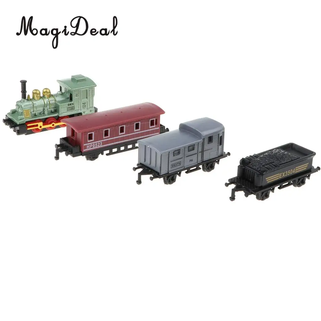 Mini tren de vapor verde para niños, 1 motor de locomotora y 3 carruajes de ferrocarril, juguete divertido coleccionable, 4 piezas