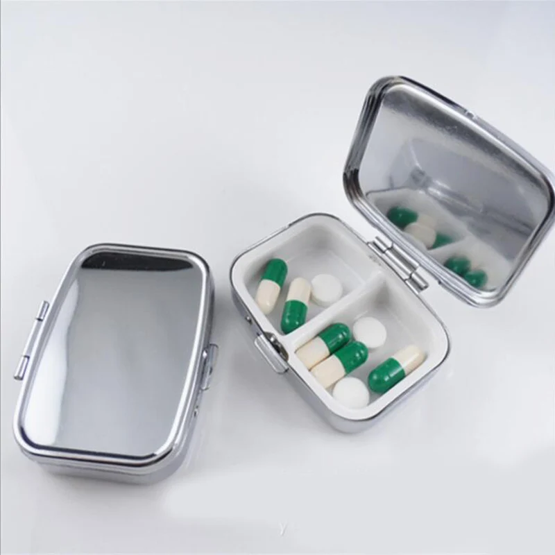 16pcs/lot Metal square Silver Pill Boxes Holder 2 Grids Medicine Case Small Portable Case Container Splitters Health Care MR050