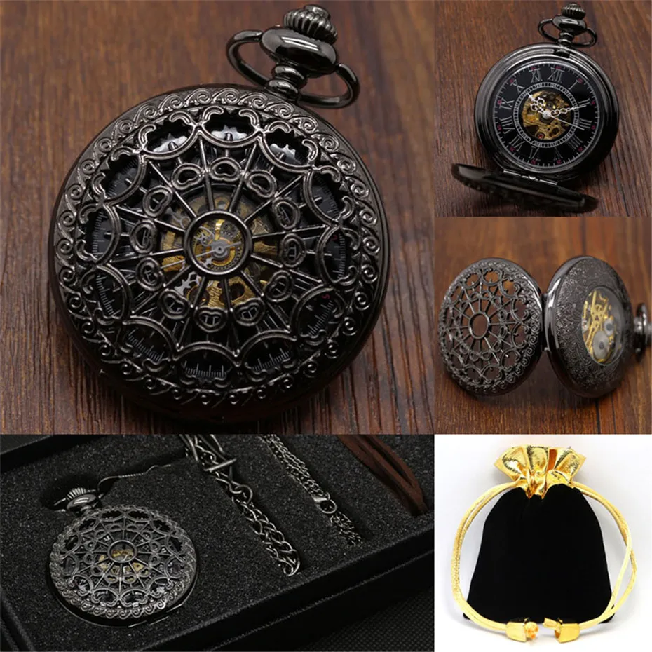 Vintage Mechanical Pocket Watch Set Luxury Pendant Watches for Men Pendant Clock Necklace Chain Pouch Bag reloj de bolsillo