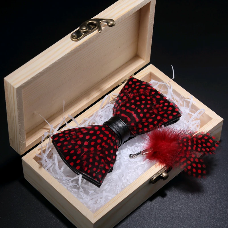 

JEMYGINS Original Black Red Dot Feather Hand Made Bow Tie Fashion Leather Bowtie Brooch Pin Gift Box Set For Men Wedding Party