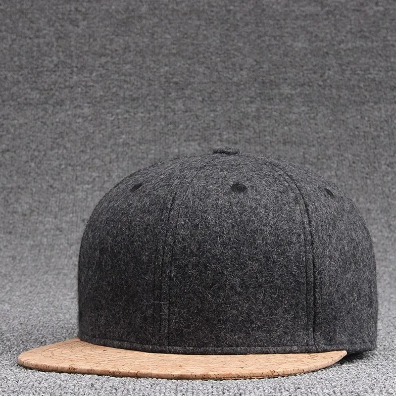 Top Quality Wool Felt Snapback Caps Winter Hip Hop Bboy Flat Peaked Cap Solid Skateboard Hat Men Wood Cork Baseball Hats