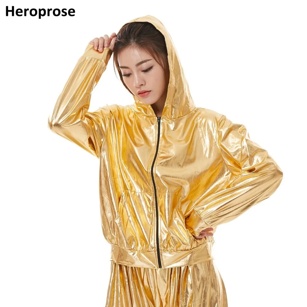 Heroprose Spring Autumn Kid Audlt Bomber With Pockets Jacket Gold Stage Performance Paillette Feminina Casaco Hip Hop Dance Coat