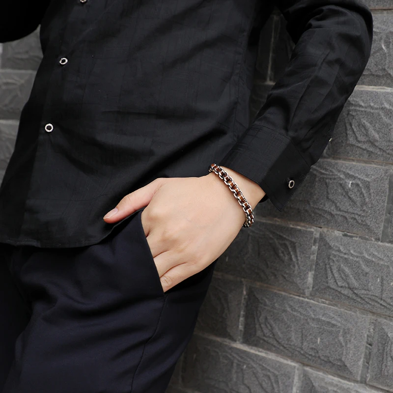 Men Fashion Bracelets Tungsten Carbide Links Chain Bracelets Inlay Natrual Wood Length 18.5/19.5/20.5cm