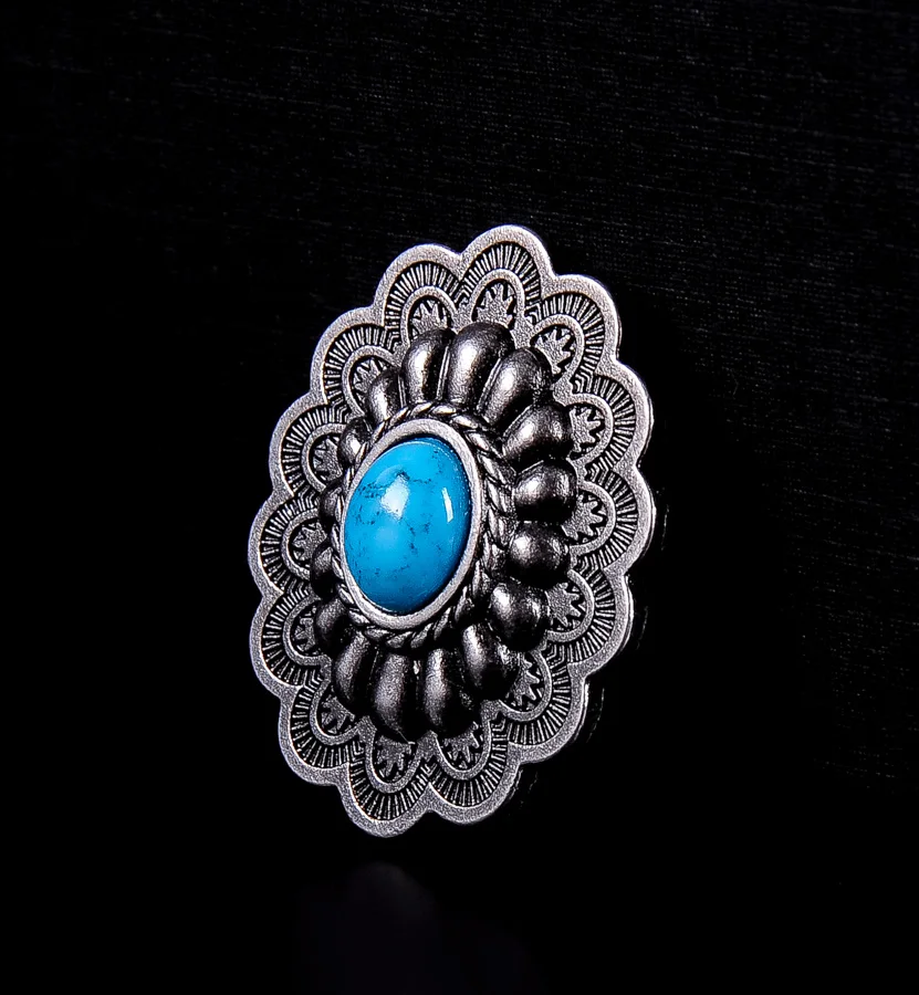 10PC 35*28MM Antique Silver Turquoise Floral Leathercraft Button Horse Saddles Decoration Rivets