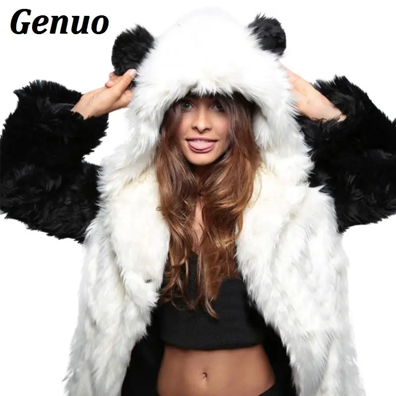 

Faux Fur Jacket Hooded With Bear Ear Cute Warm Thick Coat Winter Women Long Sleeve Outerwear Overcoat Parka 2X Genuo