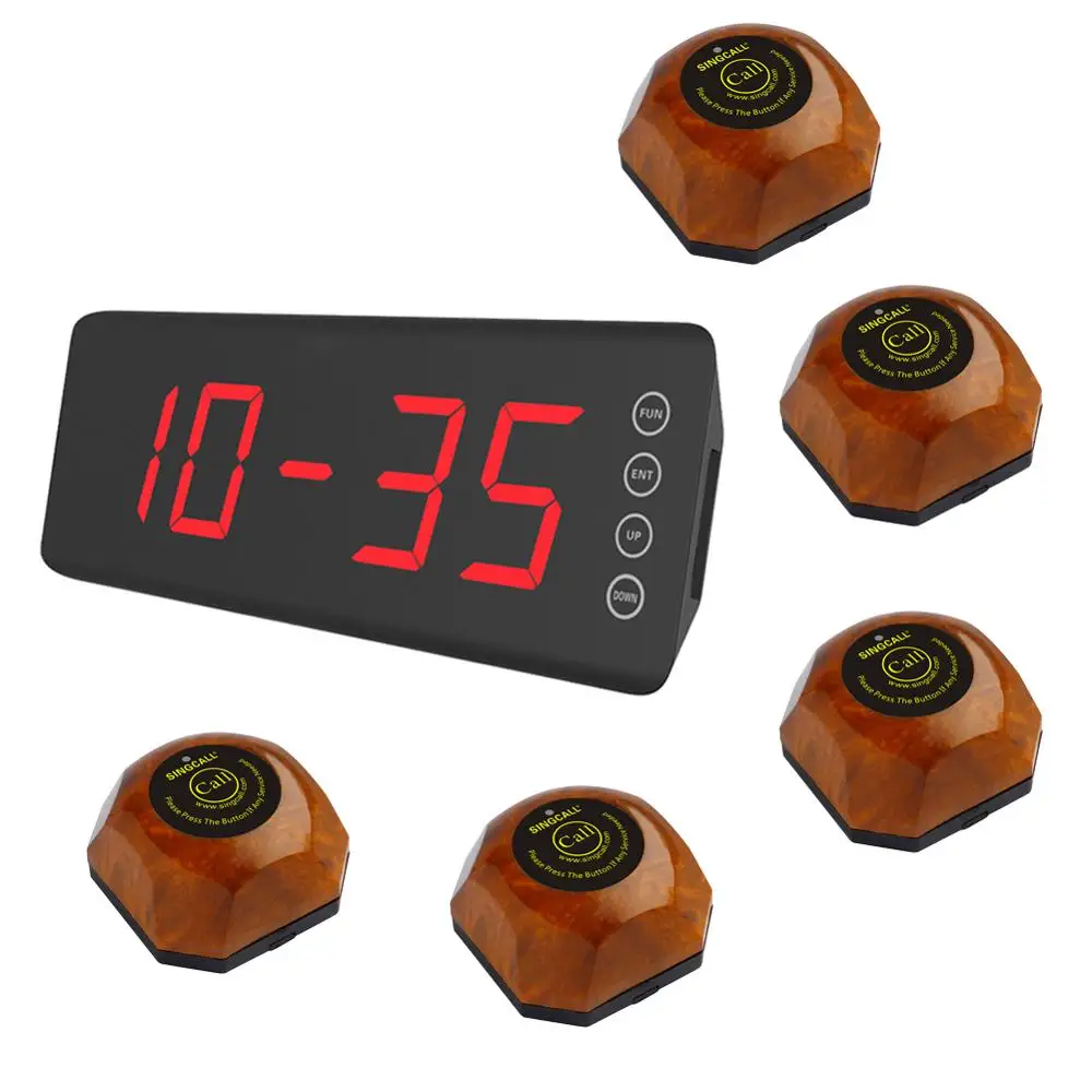 SINGCALL Wireless Waiter Paging System for Hospital, Welfare House, 5 Wooden Buttons APE560 and One Screen Display Receiver