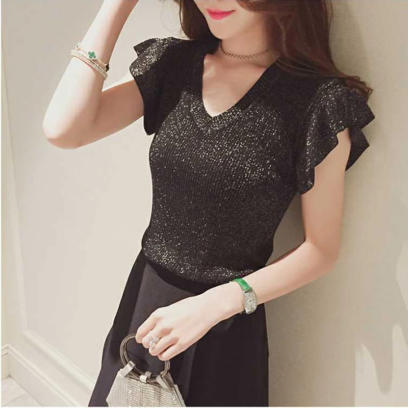 shiny lurex summer sweater women butterfly sleeve pullover women basic sweater women 2022 korean glitter knit top female