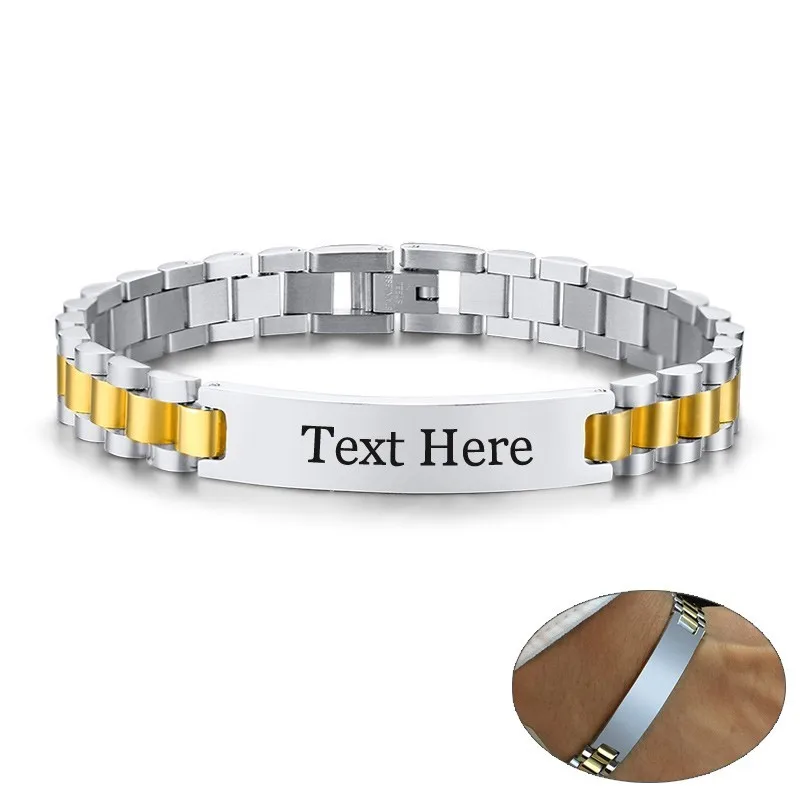 Classic Mens Stainless Steel ID Tag Bracelets for Male Gentleman Free Custom Engraving Name Date Promise Love Gift for Him