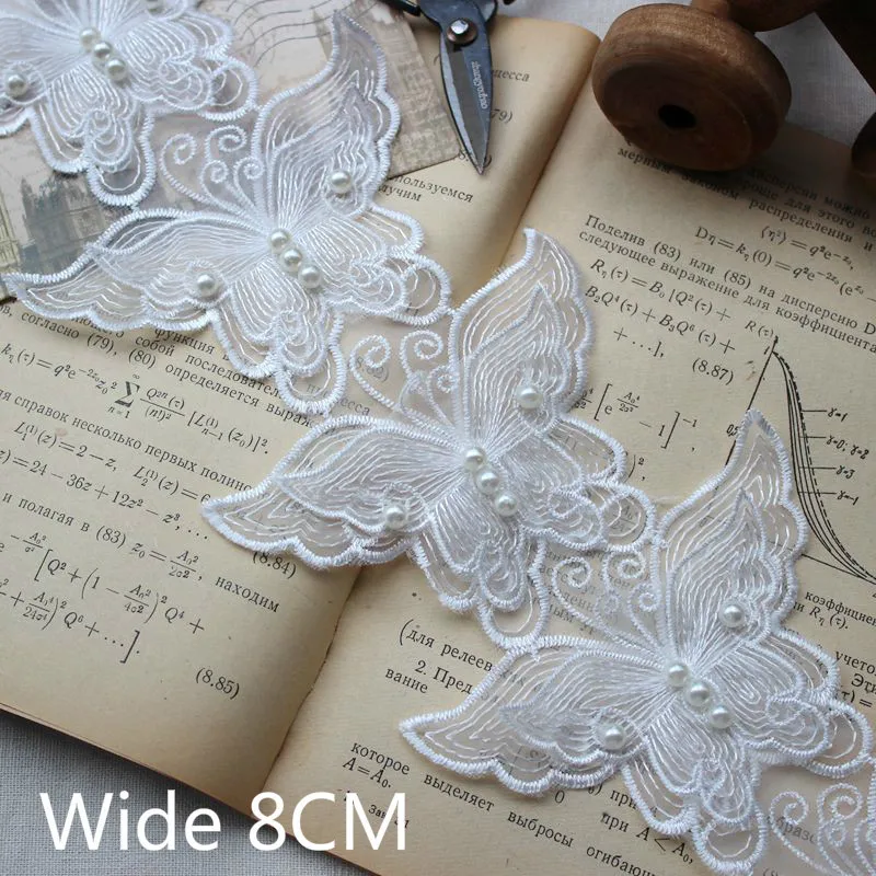 6 P 8 CENTIMETRI Bianco Squisito Organza 3D Farfalla In Rilievo di Tulle Del Merletto Del Collare Del Tessuto di Patch Applique Decorato Abito Da