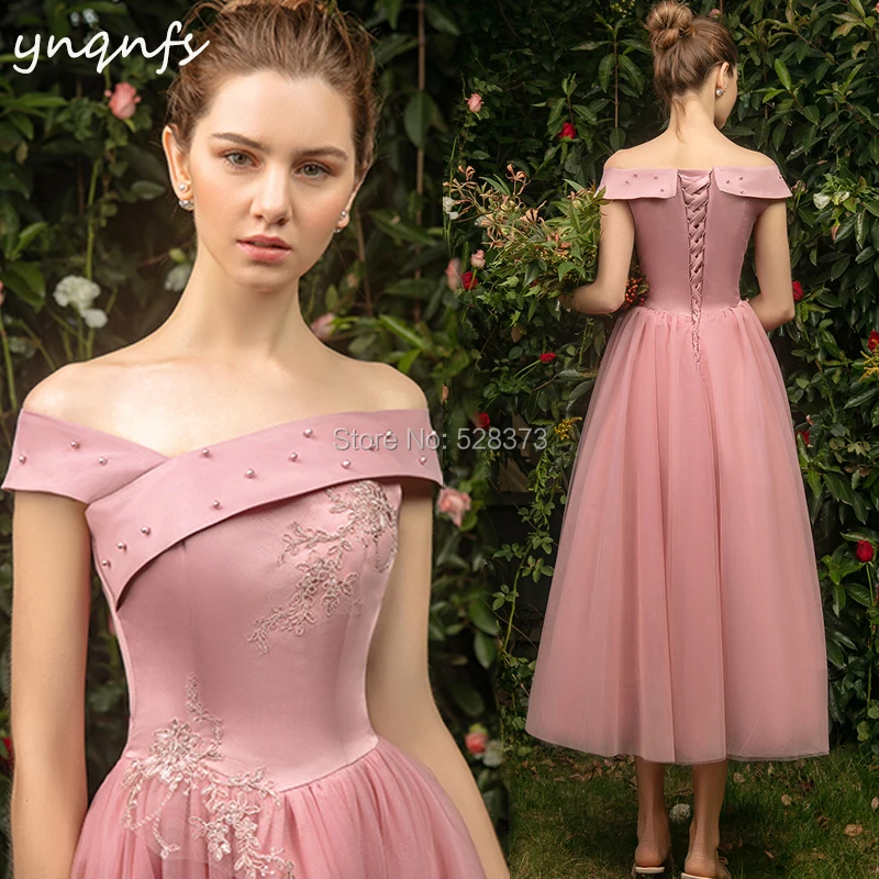 YNQNFS B8 Bridesmaid Dresses Party Guest Wear Graduation Dresses Vintage Off Shoulder Tea Length Soft Tulle Vestido Curto