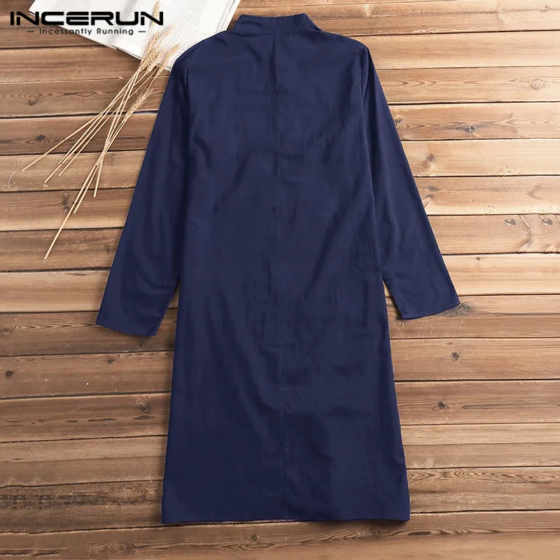 INCERUN Casual Shirt Dress  Long Sleeve Cotton Solid Men Long Shirt Vintage Indian Kurta Suit Pakistani Muslim Clothes 5XL