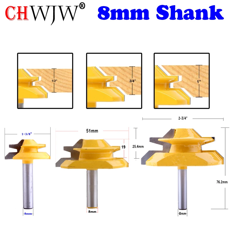 

CHWJW 3PC 8mm Shank 45 Degree Lock Miter Bit Glue Joint Set Woodworking cutter Tenon Cutter for Woodworking Tools