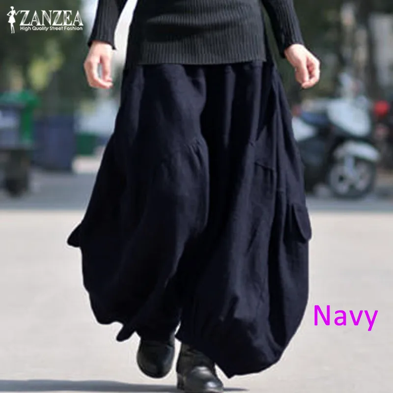 Cargo Pants Women ZANZEA Kaftan Wide Leg Tousers Cotton Linen Pantalon Palazzo Female Elastic Waist Drop Crotch Pants