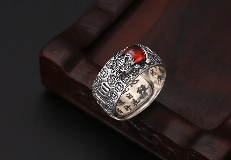 100% 925 Silver Tibetan Six Words Proverb Ring Good Luck Wealth Pixiu Ring Lucky Jewelry Man Ring