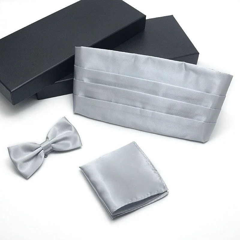 3pcs Men\'s Gown Cummerbund  Sets Bow Tie Pocket Square Wedding Party Suit Belt Ceremonial Belt