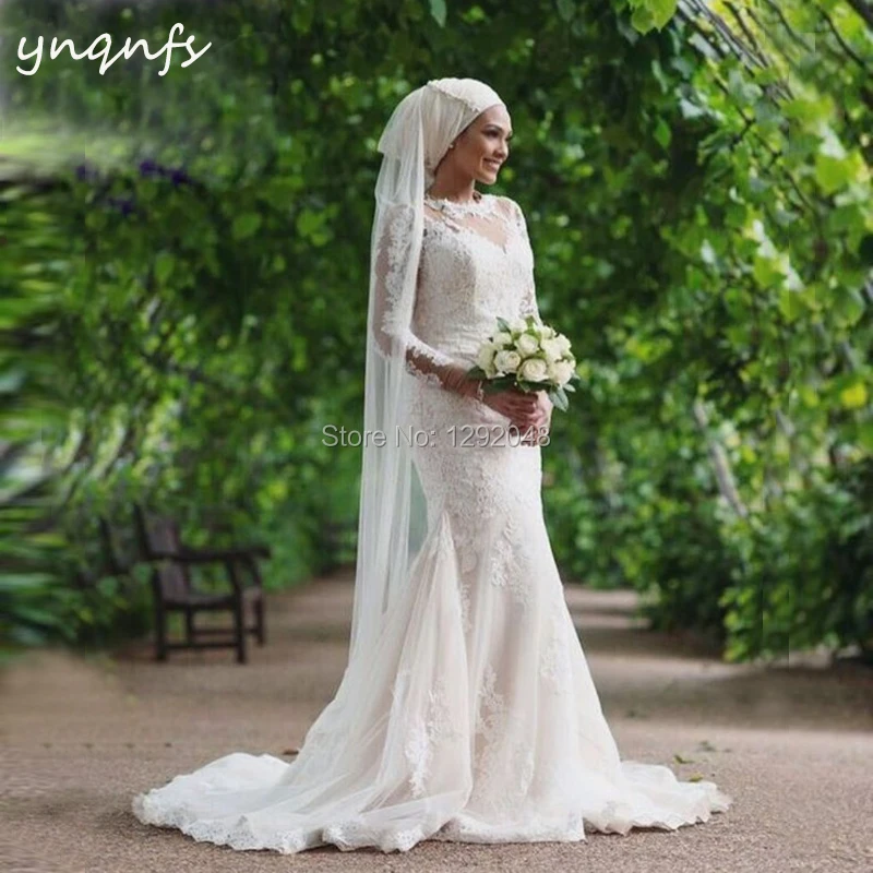 YNQNFS MW35 Robe de Mariee Dubai Long Sleeve Lace Appliques With Veil Hijab Gown Modest Bridesmaids Dresses Mermaid 2019