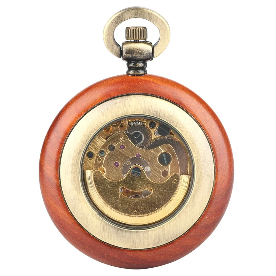 Red Wooden Mechanical Pocket Watch Automatic Self-Wind Pocket Pendant Clock Luxury Watch for Men Women with 30cm Bronze Chain