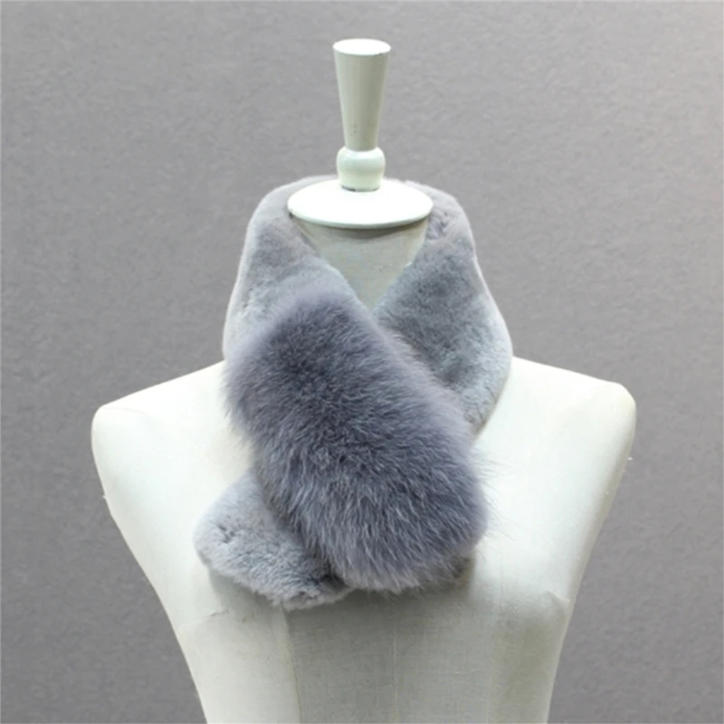 IANLAN New Womens Full-pelt Rex Rabbit Fur Scarves with Fluffy Fox Fur Trim Mufflers Winter Solid Wraps Magnet Closure IL00522