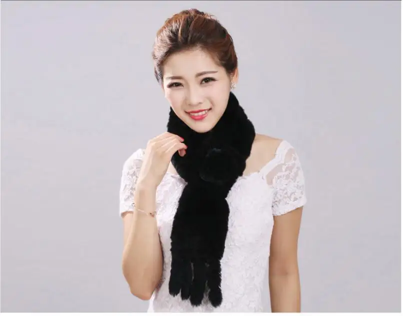 

natural rex rabbit fur scarf women floral genuine fur collar with fur luxury female cute knitted warm scarves pure 13 colors S87