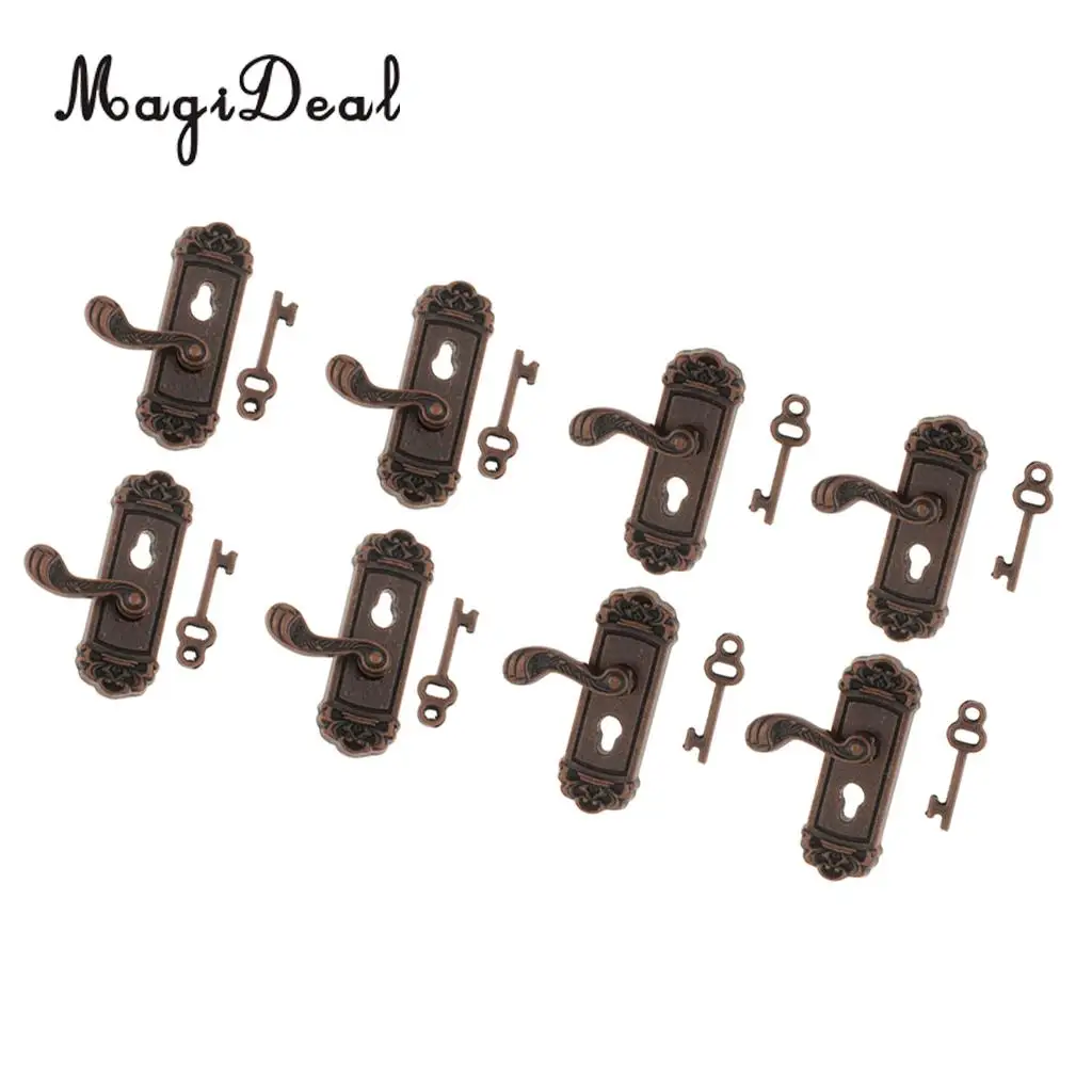 8 Pieces 1/12 Scale Dollhouse Miniature Vintage Door Locks Keys Right Left Handles DIY Scene Accessories