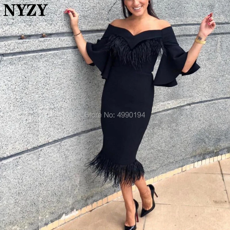 

NYZY C95 Chic Robe Cocktail Feather Dress for Wedding Party Half Sleeve Black Evening Dress Short vestido coctel 2019